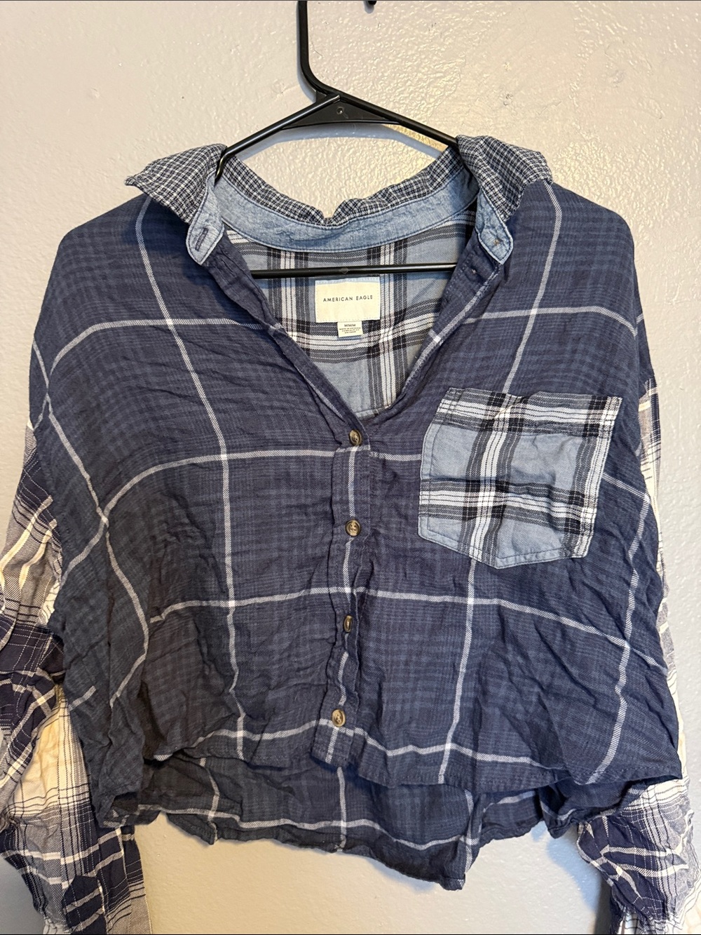 American Eagle Outfitters Navy Plaid crop top Button-Up Shirt